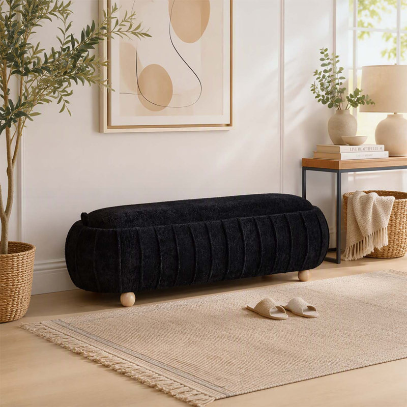 Pouf de rangement à couvercle rabattable en chenille de 140 cm de large, banc d'appoint moderne et minimaliste avec pieds en bois d'hévéa pour salon, entrée, dortoir, chambre