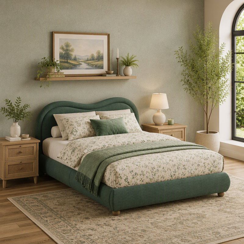 Lit plateforme tapissier, Grand lit, Olive Green