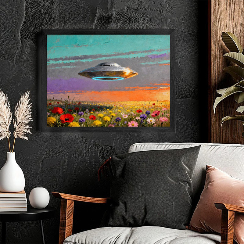 OVNI surréel noir et art floral champêtre sur fond noir, impression de paysage rétro-futuriste, H 17 po x l 13 po