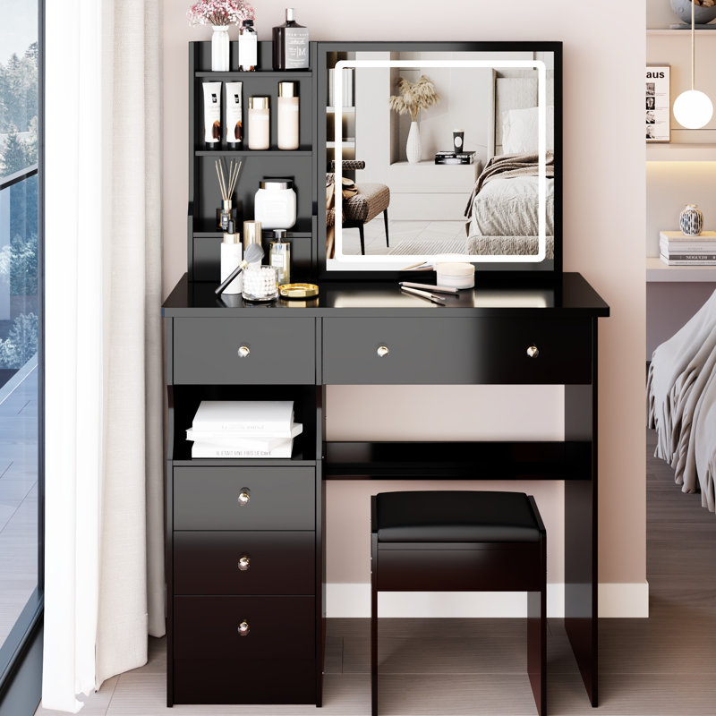 37 - Inch Left Drawer Vanity Table With Cushioned Stool, Touch Operated Tri Color Brightness Adjustable Mirror And Abundant Storage For Spacious Areas 37" Desktop Sliding Sensitive Switching