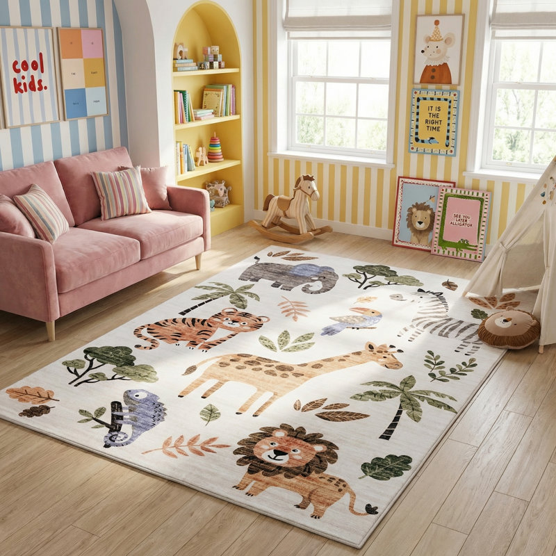 Tapis blanc / beige safari pour enfant 4 pi x 6 pi (3 pi 11 po x 5 pi 10 po) Jungle, Rectangle 3 pi 11 po x 5 pi 10 po