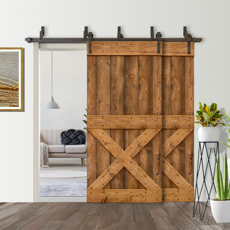 Porte de grange à double bricolage avec panneau coulissant en bois teinté Mini X Series, 88 po x 84 po, Noyer