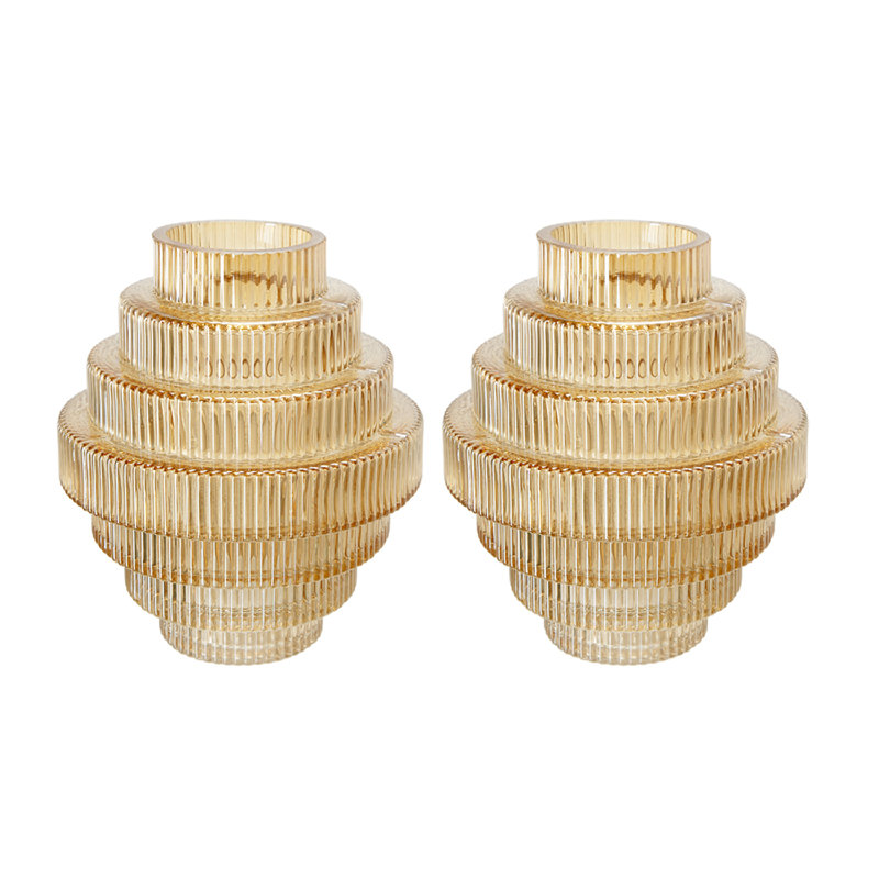 Set of 2 Clear Amber Luster Glass Accent Vases with Modern Geometric Tiered Design, Amber
