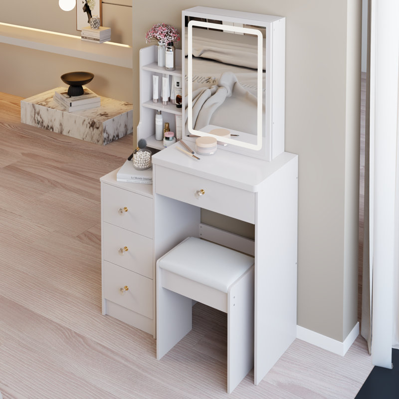 29.2" Small Size Left Bedside Cabinet LED Mirror Vanity Table + Cushioned Stool, Large Sliding, Touch Control, 3-Color Switch, Brightness Adjust Mirror, High Capacity Storage, EPA, GCC, UL Certificate