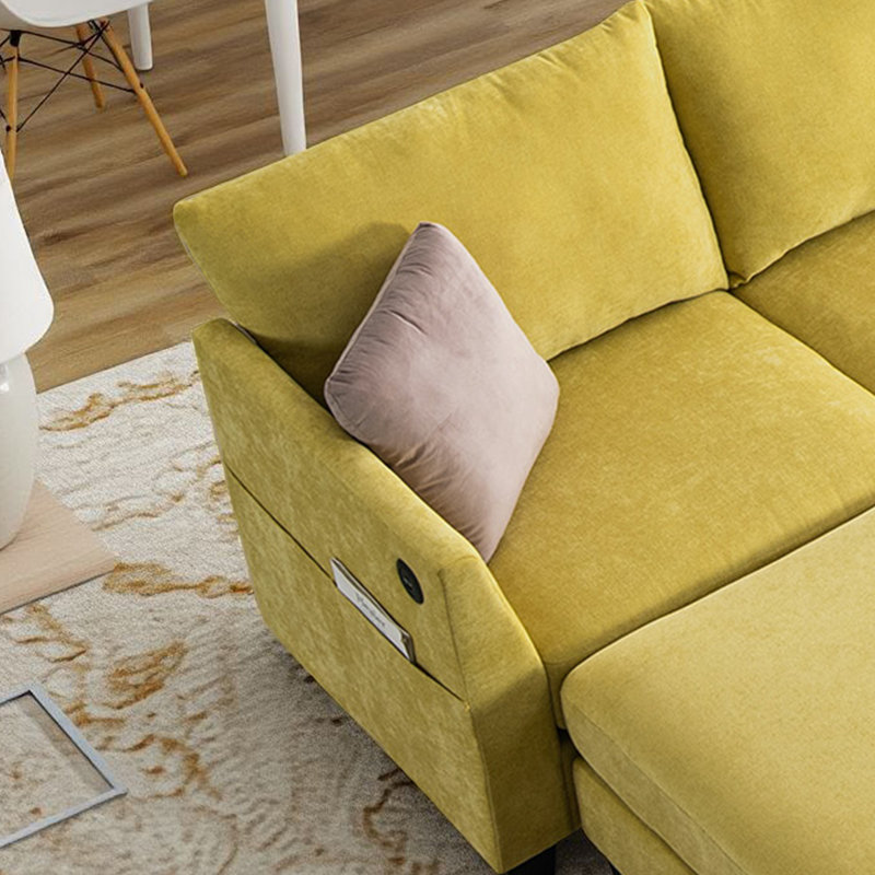 Canapé modulaire en forme de U de 124 pouces de large avec repose-pieds et ports USB, Lin jaune