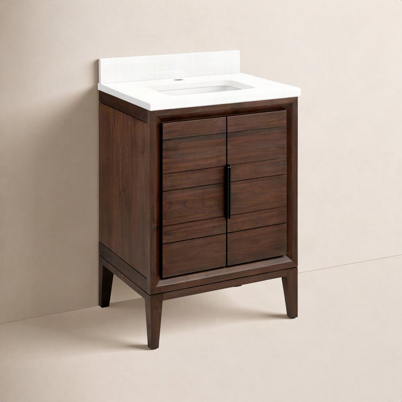 Ensemble de meuble-lavabo simple 24 po avec lavabo rectangulaire encastrable Aliso, Quartz blanc plume, Café