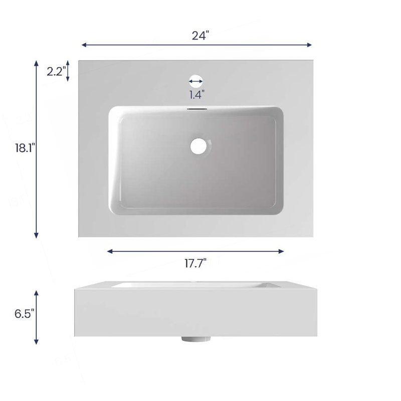 Integrated solid surface basin WITHOUT drain & faucet, glossy white color