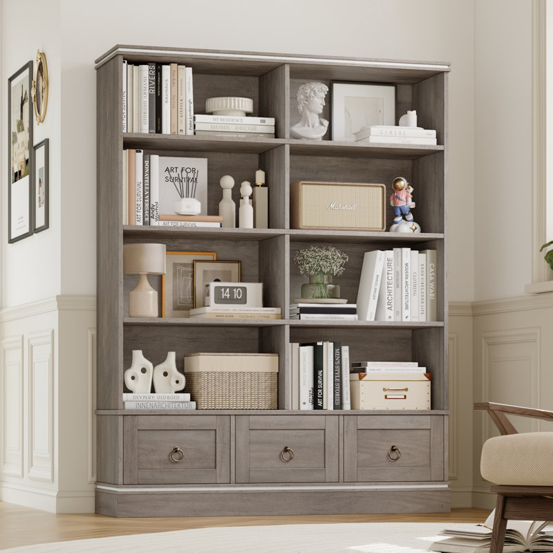 Akxel 47.2" W 3-Drawer Wood Grain Bookshelf, Gray