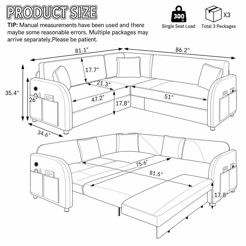 Canapé-lit d'angle Sherpa avec ports USB et poches latérales, 5 sièges, Sherpa brun