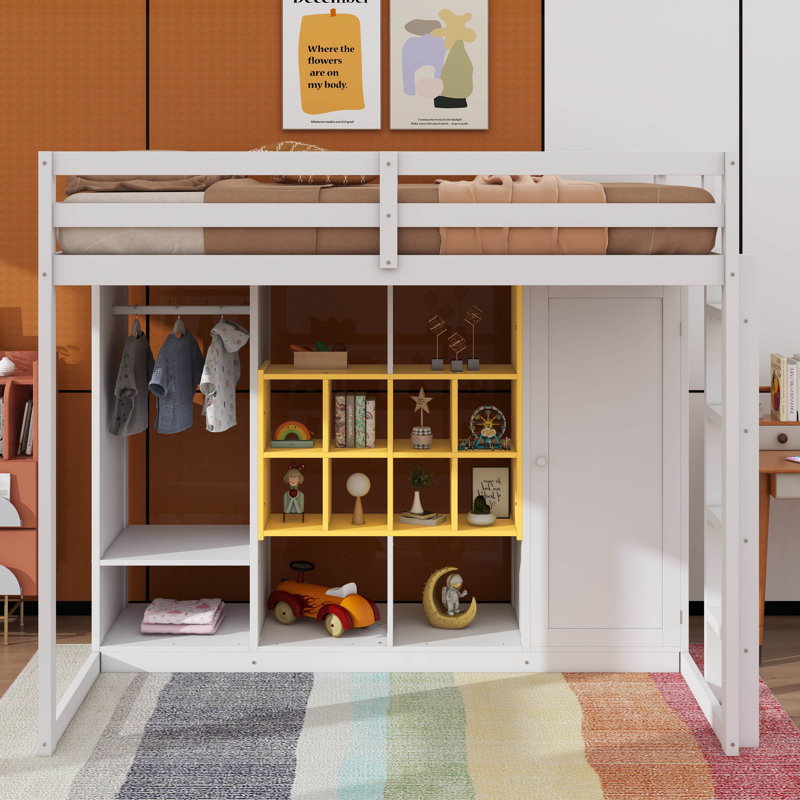 Lit mezzanine simple en bois avec armoire intégrée, tablettes et escalier, Blanc / jaune