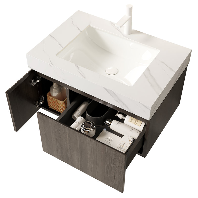 Meuble-lavabo suspendu de luxe de 91 cm (36 po) avec comptoir en pierre frittée et lavabo en céramique, style milieu du siècle.