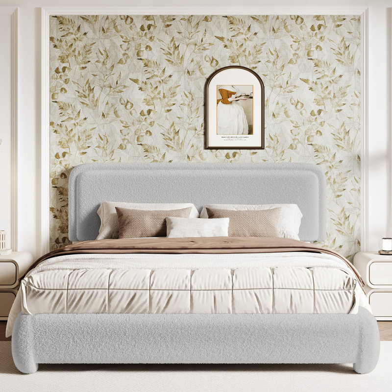 Boucle Bed Frame with Adjustable Headboard, Upholstered Bed Frame with Soft Rounded Corners, No Box Spring Needed/Easy Assembly/Noise Free