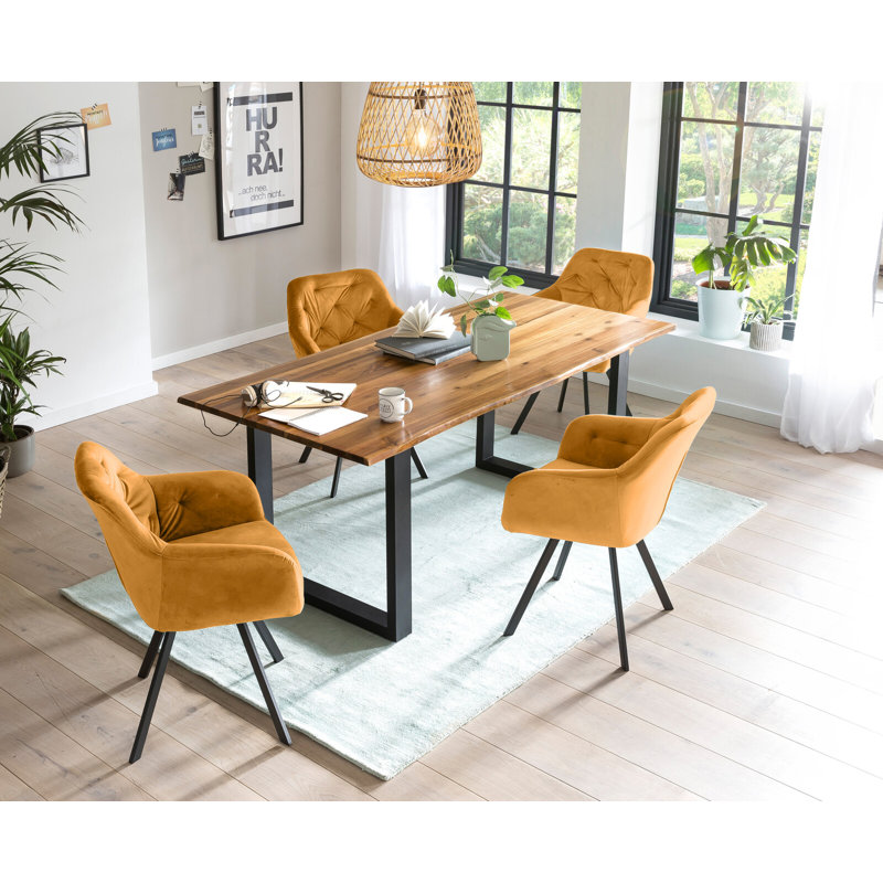 4 - Person Dining Set, 75cm H x 180cm W x 90cm D, Cognac/Mustard yellow/Black, Black/Cognac/Mustard yellow