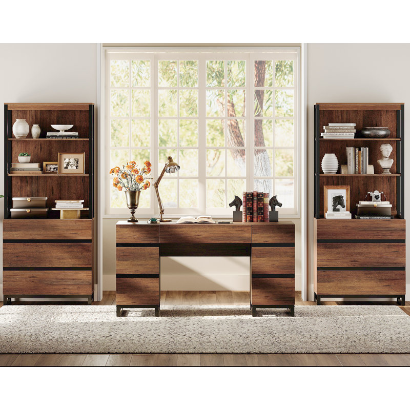 Home Office Furniture Set: 59In Modern Executive Desk With Charging Station & Drawers And 2 PCS 72In Tall Bookcases With 6 Drawers, Home Office Furniture For Living Room, Bedroom, Brown