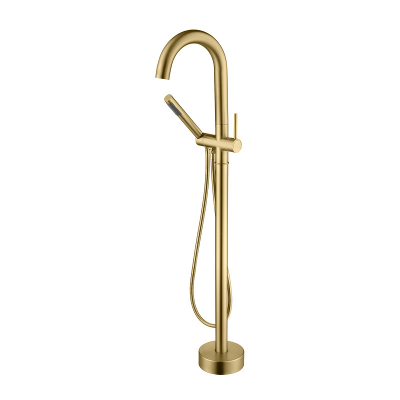 Modern Brass Freestanding Bathtub Faucet With 360° Swivel & Handheld Shower - 9.48Gpm Flow, Ceramic Disc Valve, Brushed Gold