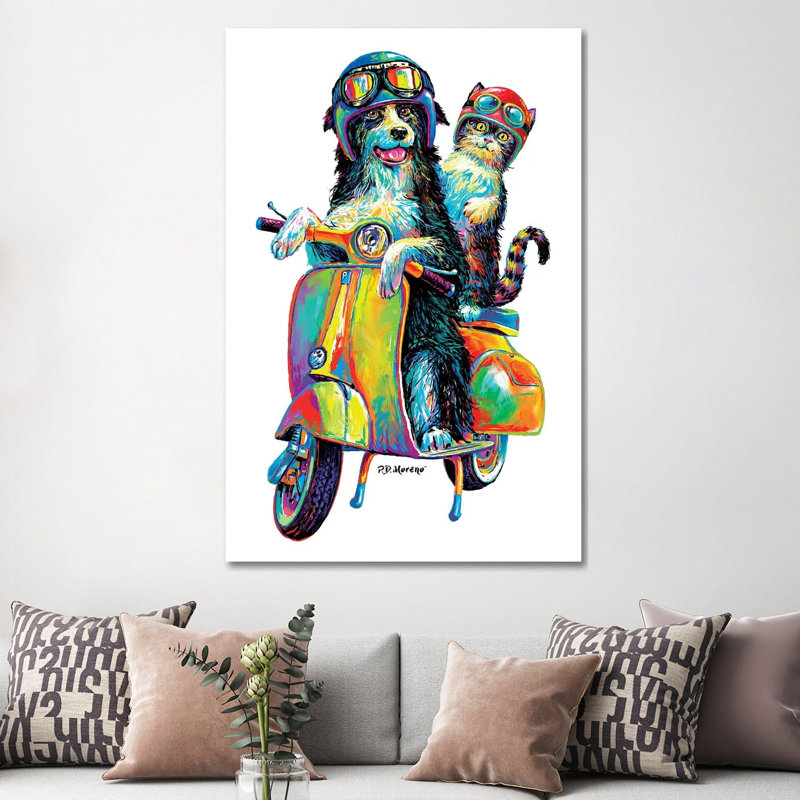 Couple On Scooter by P.D. Moreno - Painting on Canvas, Wrapped Canvas, 66.04 cm H x 45.72 cm W x 3.175 cm D
