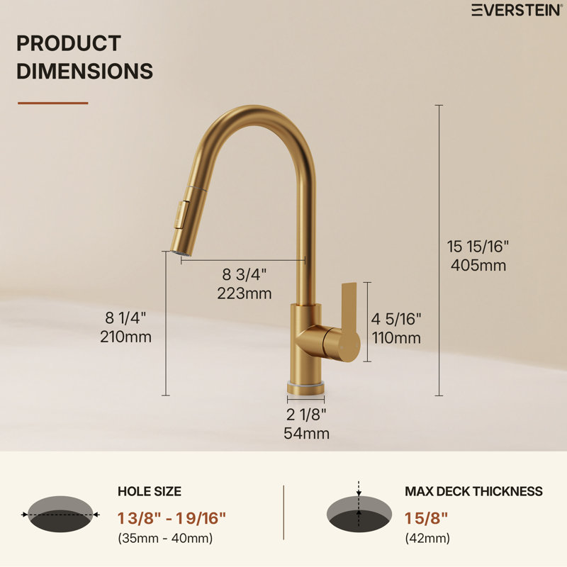  Robinet d'évier de cuisine extractible, robinet de cuisine à poignée simple avec base DEL, Or brossé