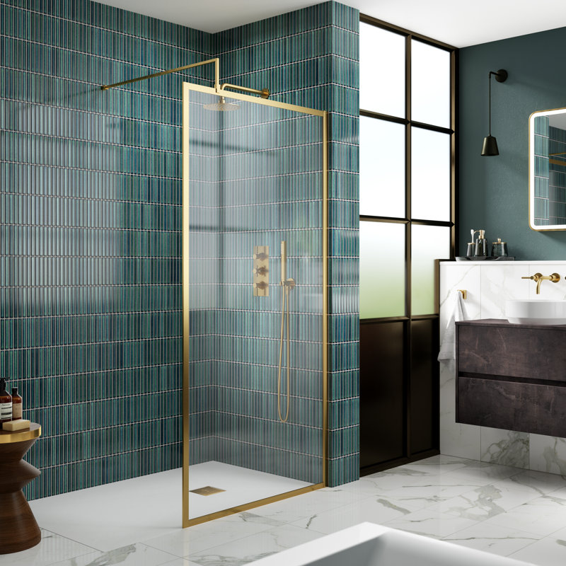 800mm W x 1950mm H Frameless Wet Room Glass Screens with Clear Glass, Brushed Brass, 1000mm