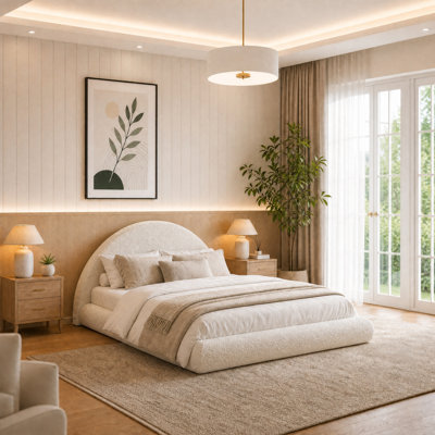 Cadre de lit plateforme rembourré, tête de lit demi-lune arquée en boucle avec rembourrage en mousse moelleuse de 12,7 cm, bords arrondis, lattes métalliques, aucun sommier requis, capacité de charge de 454 kg