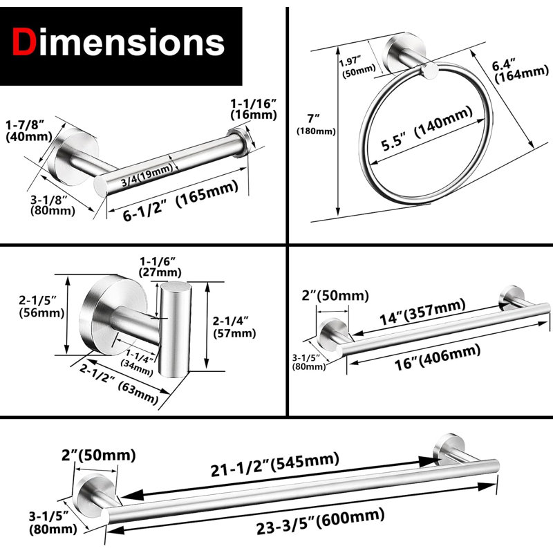 6-Piece Bathroom Hardware Set - Stainless Steel Towel Bars, Hand Towel Ring, Toilet Paper Holder & Hooks - Heavy Duty Wall Mounted For Bathroom, Kitchen, Office