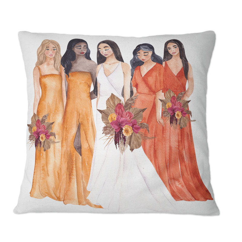 Coussin décoratif imprimé «White Bride With Orange Bridesmaids - Glam», 16 po x 16 po