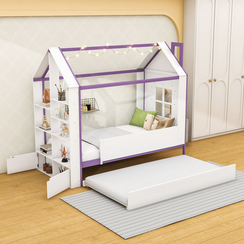 Lit de maison avec lit gigogne, éclairage à DEL et toit en forme de maison, Lit simple, Mauve blanc