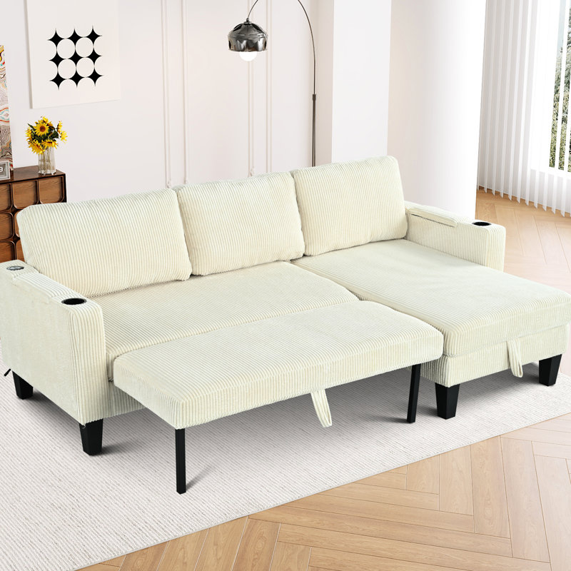 3 canapé-lit modulaire réversible en velours côtelé avec méridienne avec rangement, porte-gobelets sur les accoudoirs, ports, idéal pour le salon, la chambre à coucher, le bureau - beige, 84,92 po de profondeur, 50,78 de largeur, 33,81 hauteur, 112,34 lb