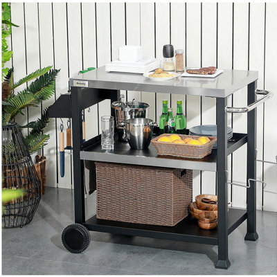 Three-tier outdoor barbecue cart with stainless steel countertop, side handle, 32 inches x 20.5 inches multi-functional pizza oven bracket, mobile food preparation table with wheels, black
