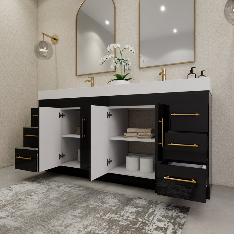 Ensemble de meuble-lavabo double 72 po avec tiroirs et portes, Noir lustré