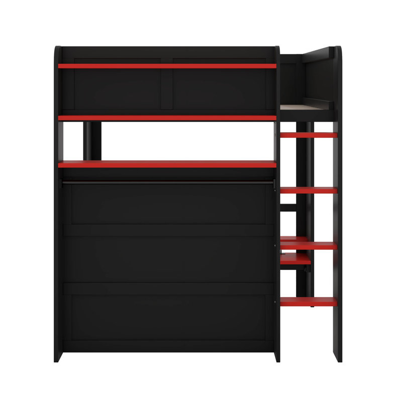Lit superposé double en bois pleine grandeur avec bureau à hauteur réglable, garde-robe et lumière RVB, Rouge