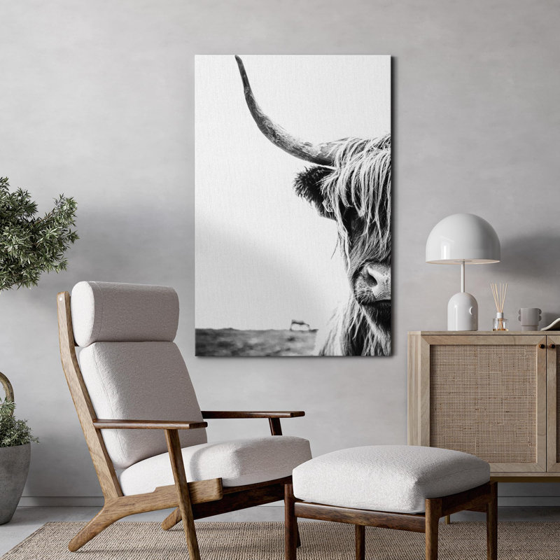Animaux, noir, vache Shetland, blanc minimal sur toile, H 24 po x l 16 po x P 1,5 po, Toile tendue