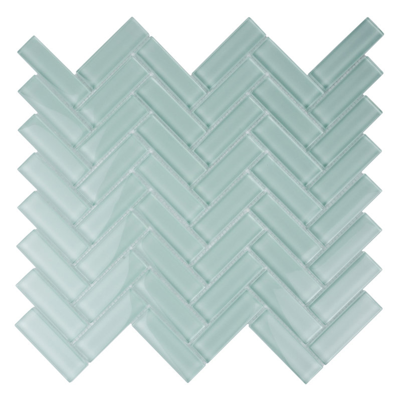11"X 12.6" Herringbone Polished Glass Mosaic Tile, Aqua