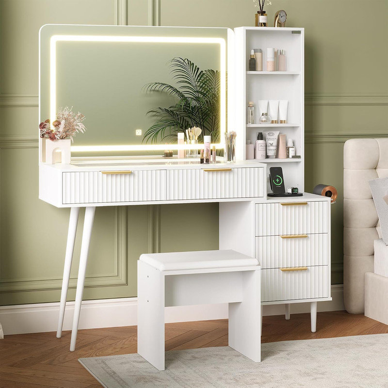 Meuble-lavabo 48 po avec miroir et lumières, table de maquillage avec 4 tiroirs, station de charge et plateau pour chambre à coucher