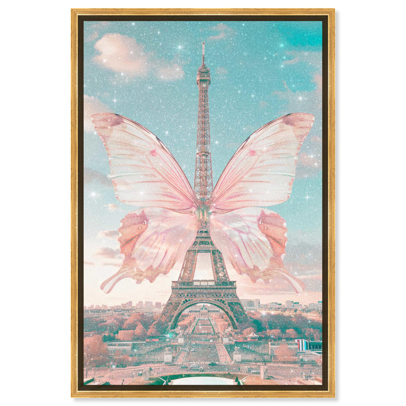 Art mural papillon rose sur toile, Tour Eiffel, Cadre noir, H 25 po x l 17 po