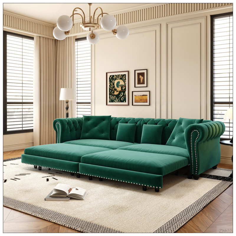 Canapé Chesterfield, canapé-lit gigogne 3 en 1 de 89 po, canapé-lit convertible, canapé-lit très grand, méridienne, canapé en velours 3 places avec repose-pieds mobile, design capitonné, vert