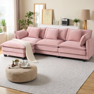 Canapé modulaire en L avec repose-pieds CloudHaven, canapé rembourré 3 places en chenille pour salon et appartement, dossier rembourré avec repose-pieds mobile, design moderne américain