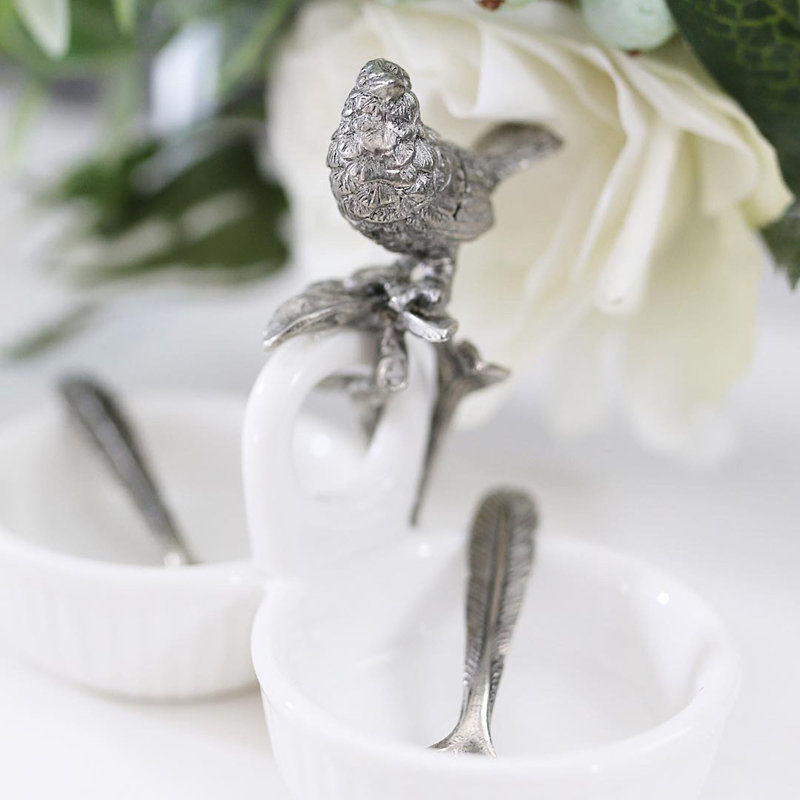 Salière double Song Bird avec cuillères en plumes d'étain