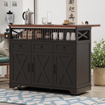 Rideau perlé à 33 rangs, barre de petit-déjeuner à abattants, 2AC + USB + alimentation de type C intégrés, 3 tiroirs et 3 armoires avec tablettes réglables, 5 roulettes verrouillables, plateau de 400 lb