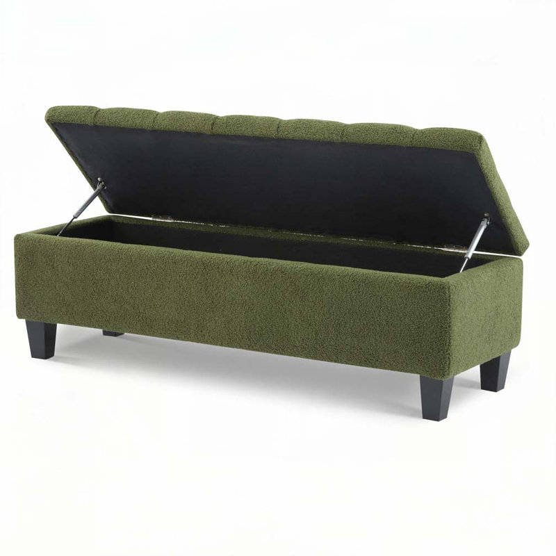 Boucle Upholstered Bench with Rubber Wood Legs,, Green