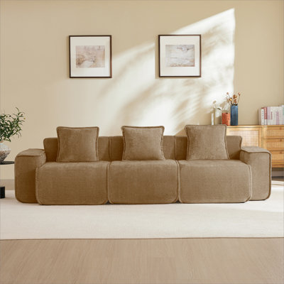 Canapé modulaire à 3 sièges profonds avec passepoil à bordure française, sans assemblage requis, canapé moderne à 3 places avec coussins décoratifs, tissu de velours brun