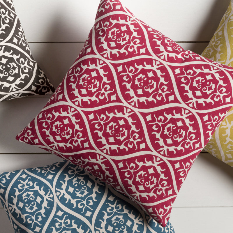 Damask Cotton Reversible Pillow Cover, 22" x 22", Bright Blue/Ivory