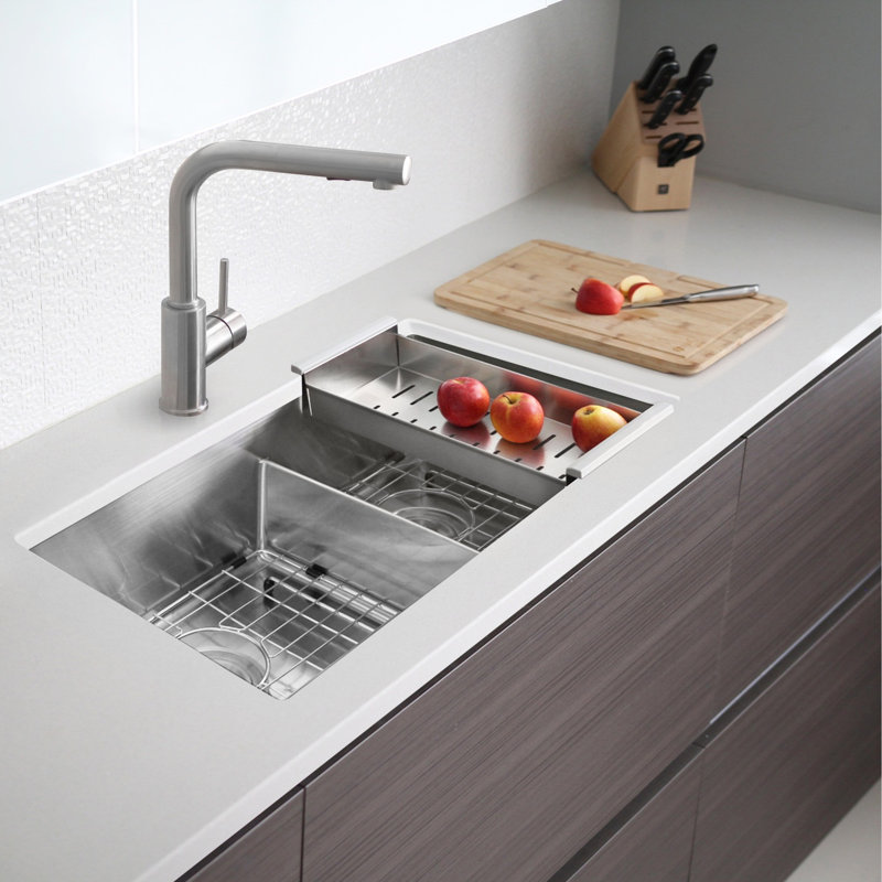 Évier de cuisine à double cuve encastrable 32 po x 18 po, calibre 16, acier inoxydable, brossé 60/40