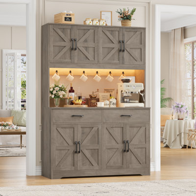 71" Farmhouse Baker's Rack With Charging Station, LED Light, Microwave Shelf And Attached Hooks