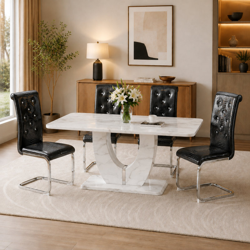Ensemble de salle à manger moderne de 5 pièces en faux marbre avec des chaises rembourrées en similicuir, Noir