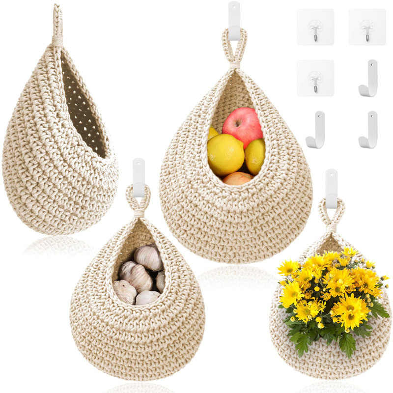 Paniers à fruits suspendus pour la cuisine, paquet de 3 paniers suspendus Boho avec 6 crochets robustes, Blanc