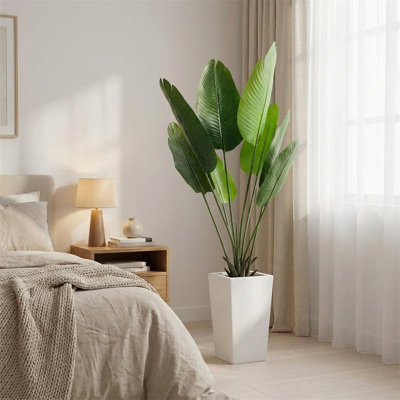 4.65 ft Artificial Banana Tree with Realistic Leaves in White Planter, Lifelike Faux Tropical Floor Plant for Indoor and Outdoor Home, Patio, Office, or Living Spaces