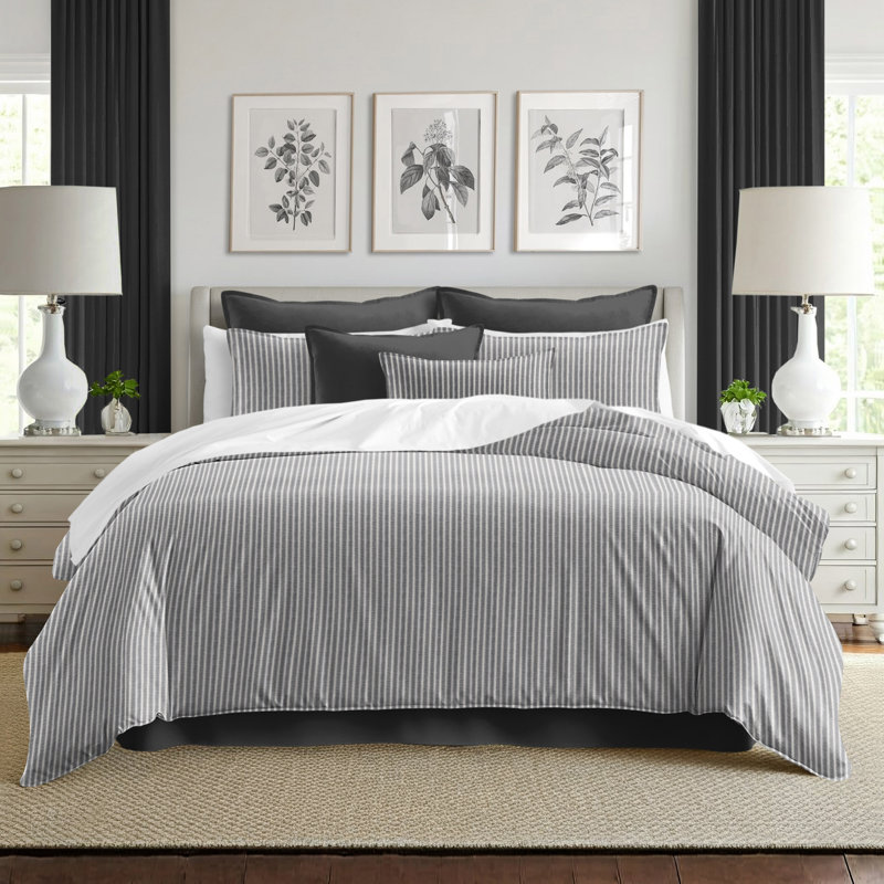 Walker Ticking Stripe Indigo/White Cotton Coverlet Set, Super Queen Coverlet / Bedspread + 2 Queen Shams, Iron/Ivory