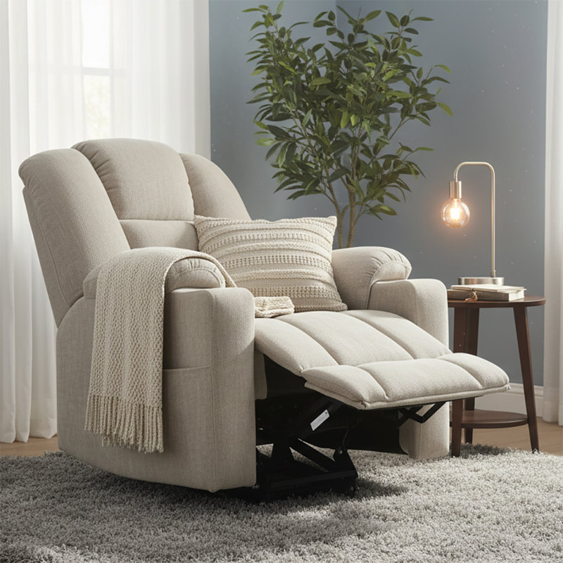 Power Chenille Upholstered Recliner Chair with Lift Base and Massage Heating Function, Beige