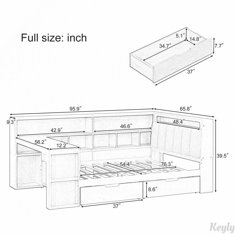 L-shaped Wooden Daybed with Desk and Storage Bookcase, Full, White