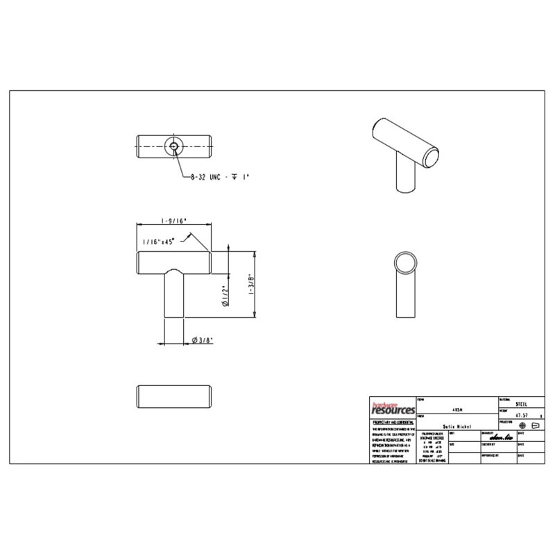 Naples 1 9/16" Length Bar Knob, Satin Nickel